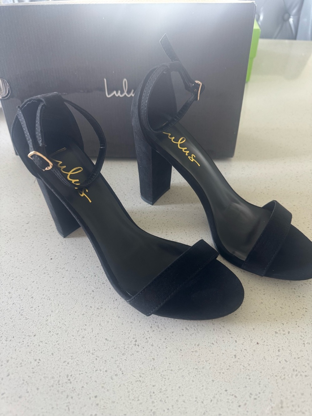 Lulu's Black Suede Ankle-Strap Block Heel Sandals new in box 8.5 - Picture 2 of 6